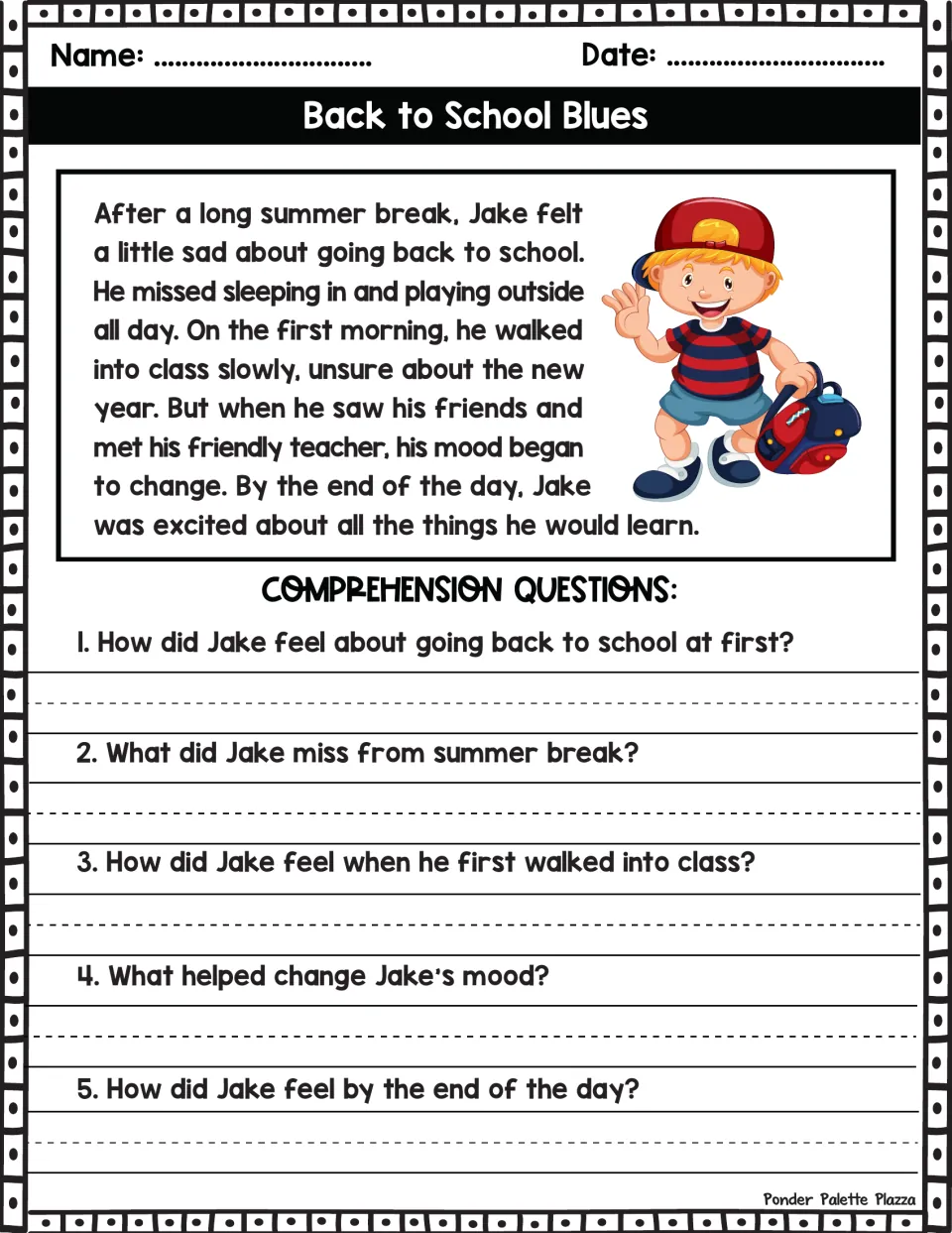 Back to School Blues: students read how Jake's mood changes on the first day and answer 5 questions tracking his feelings