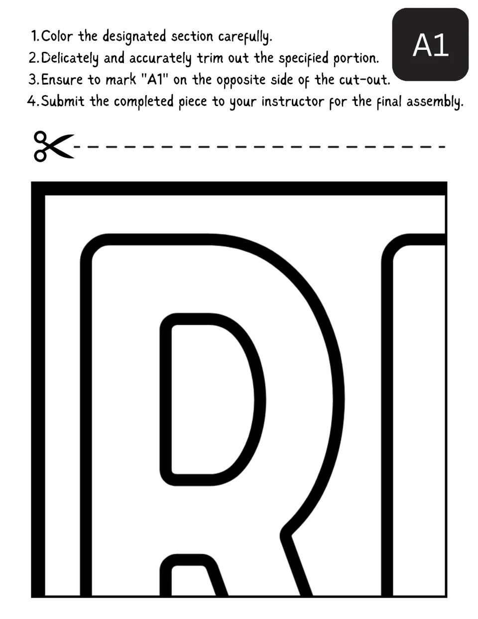 Poster piece A1: students color a large outlined letter R, cut it out, write A1 on the back and hand it in for assembly