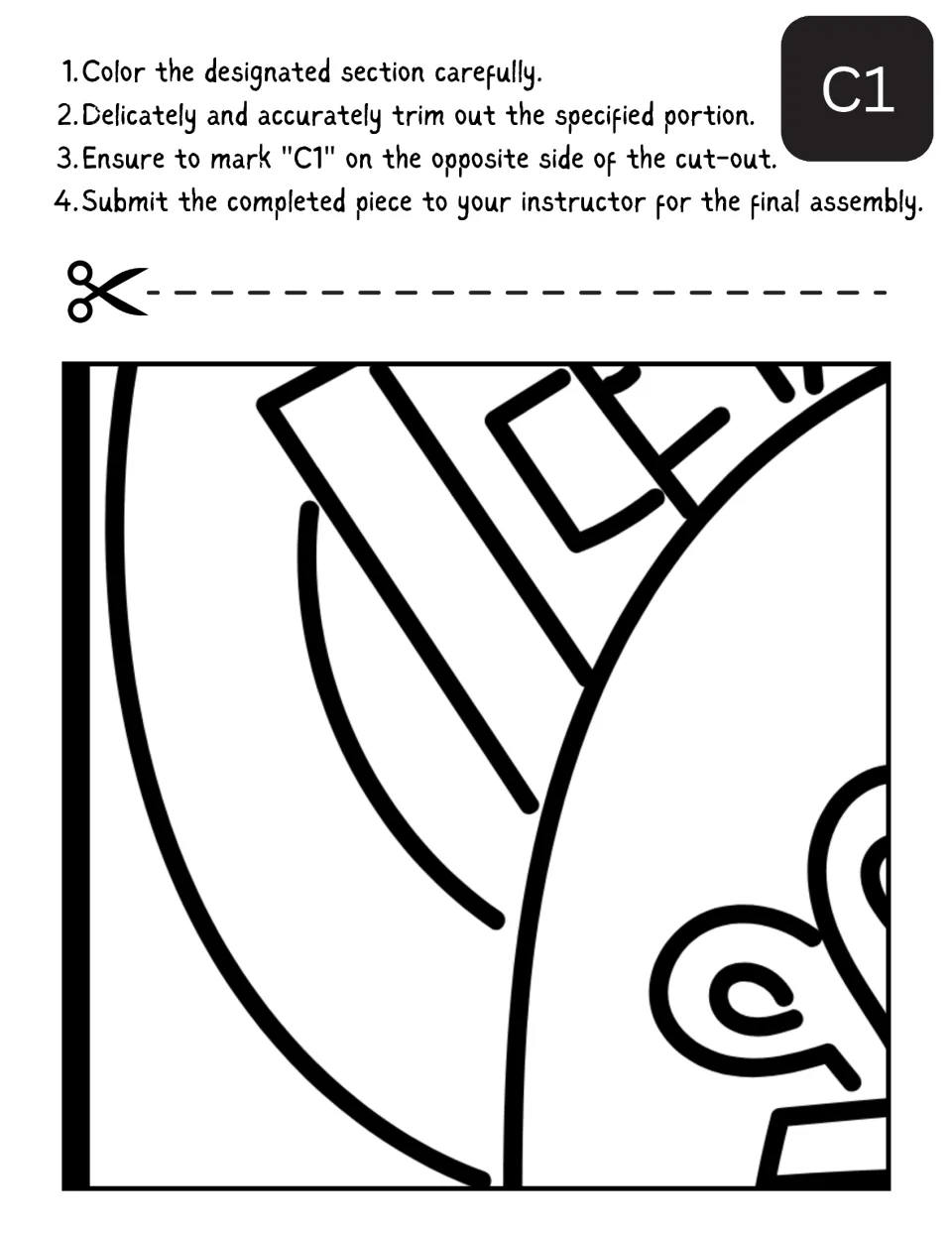 Poster piece C1: students color curved parts of the center drawing on this cut-out piece, then trim it and mark C1 on back