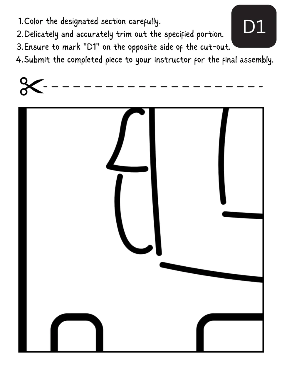 Poster piece D1: students color part of the center picture above two rounded letter tops, cut it out and write D1 on back