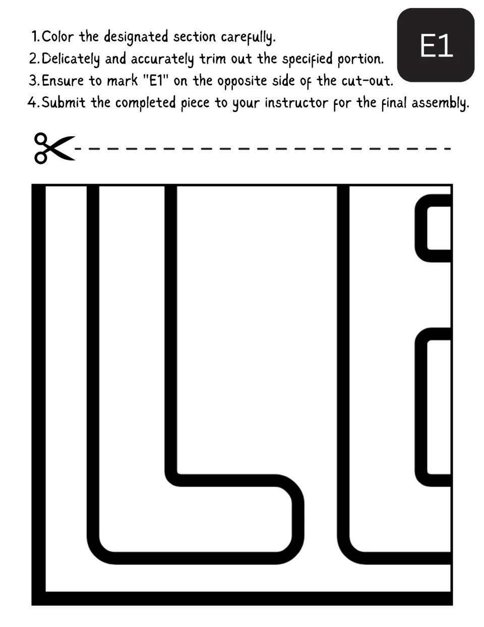 Poster piece E1: students color the outlined letter L and part of the next letter, then trim and mark E1 on back