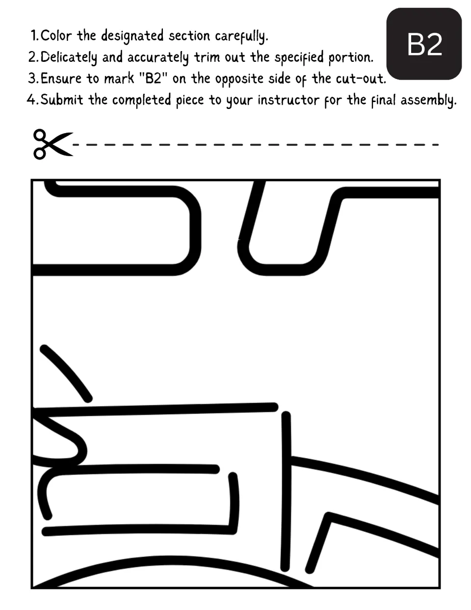 Poster piece B2: students color letter edges above part of the center drawing, then cut out the piece and label it B2