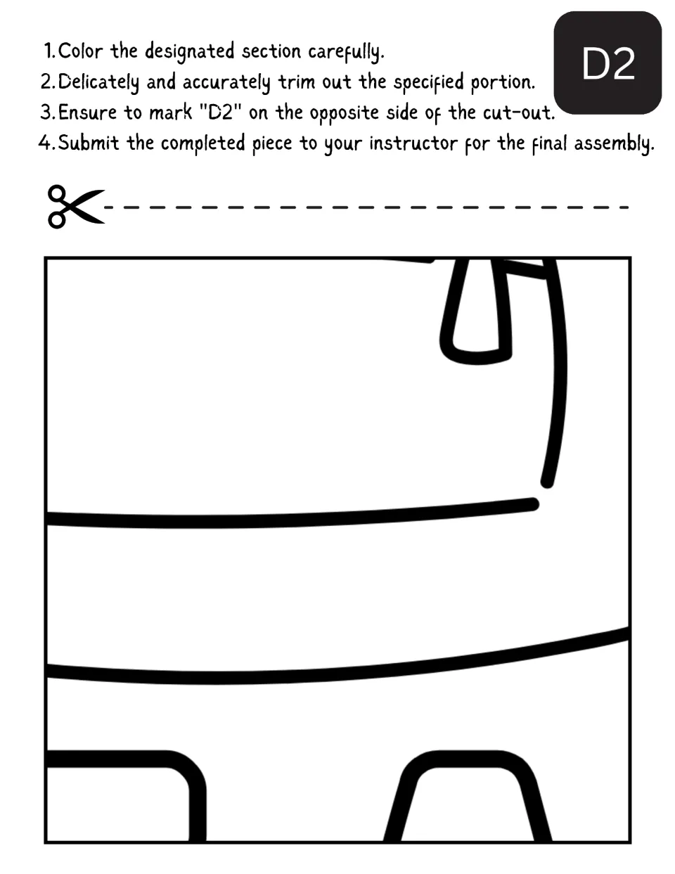Poster piece D2: students color curved bands from the center drawing above two letter tops, then cut out and label D2