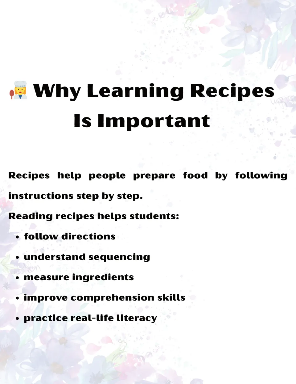 Introduction to reading recipes: following directions, sequencing, measuring ingredients, and literacy