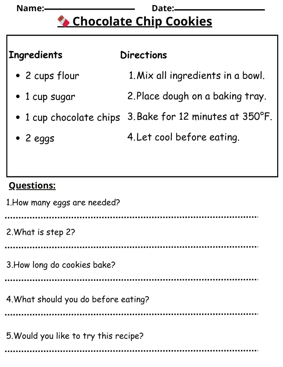 Chocolate Chip Cookies recipe reading exercise with four ingredients, four steps, and five questions