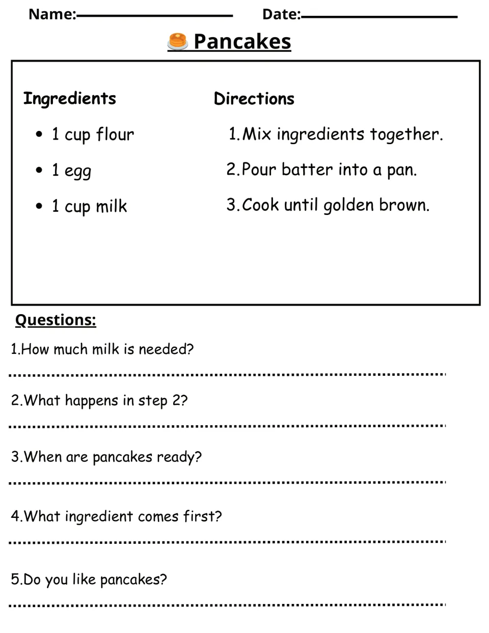 Pancakes recipe reading exercise with flour, egg, and milk, three cooking steps, and five questions