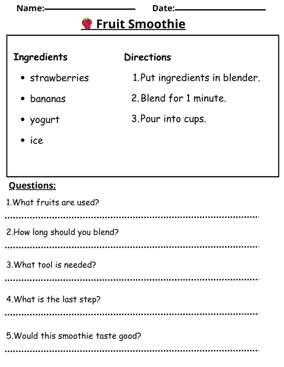 Fruit Smoothie recipe reading exercise with strawberries, bananas, yogurt, ice, and five questions