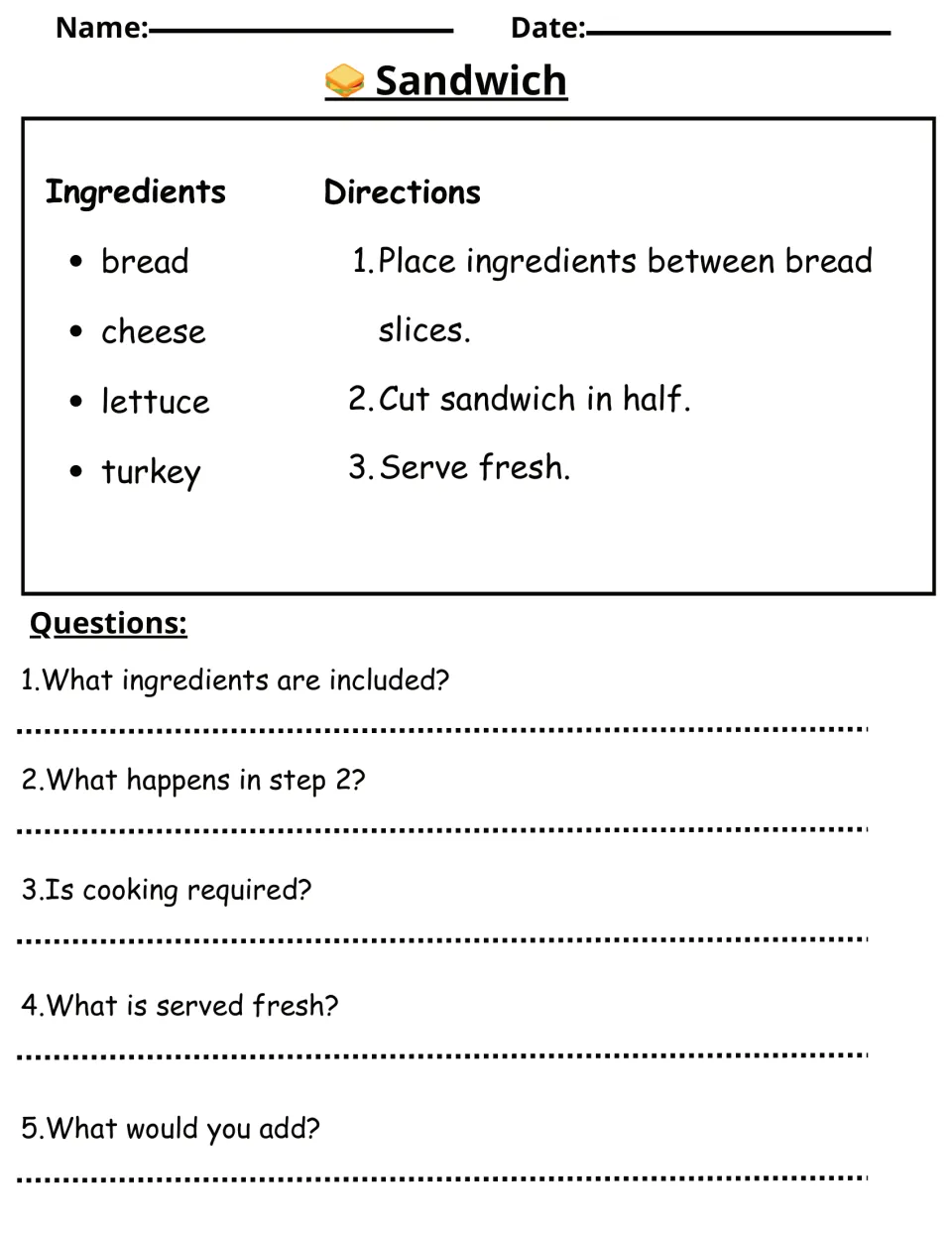 Sandwich recipe reading exercise with bread, cheese, lettuce, turkey, three steps, and five questions