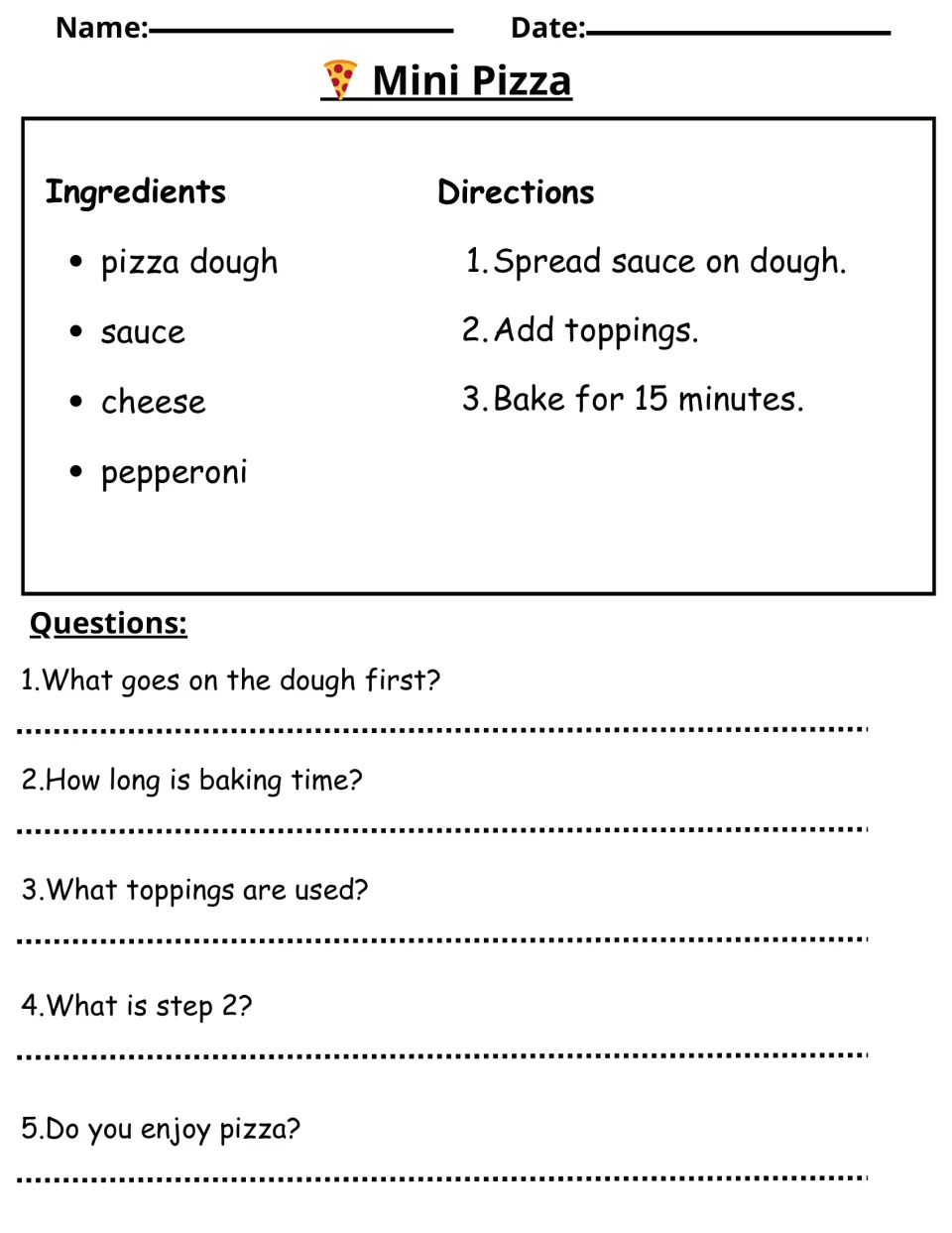 Mini Pizza recipe reading exercise with dough, sauce, cheese, pepperoni, and five comprehension questions