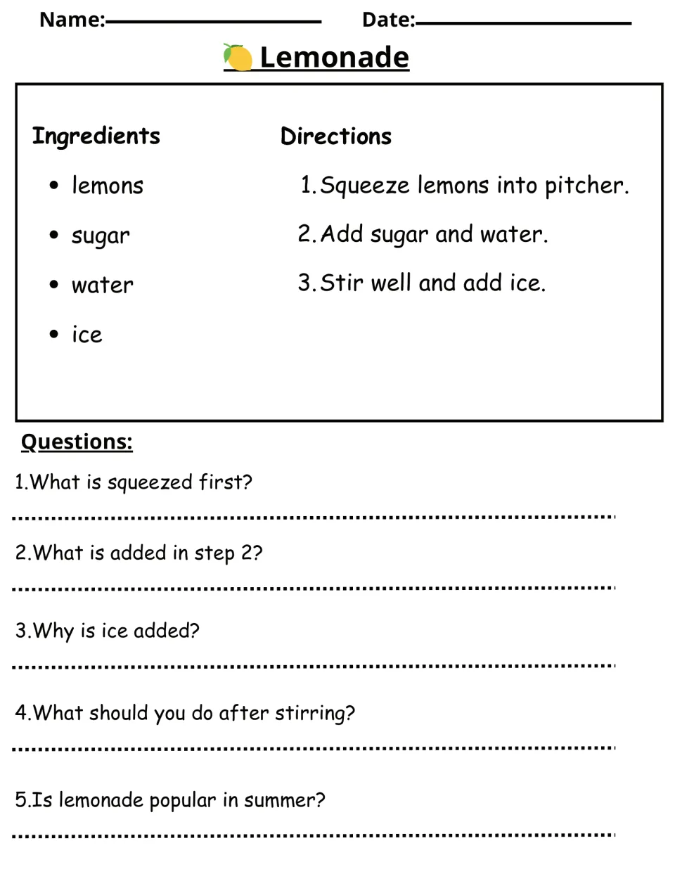 Lemonade recipe reading exercise with lemons, sugar, water, ice, three steps, and five questions