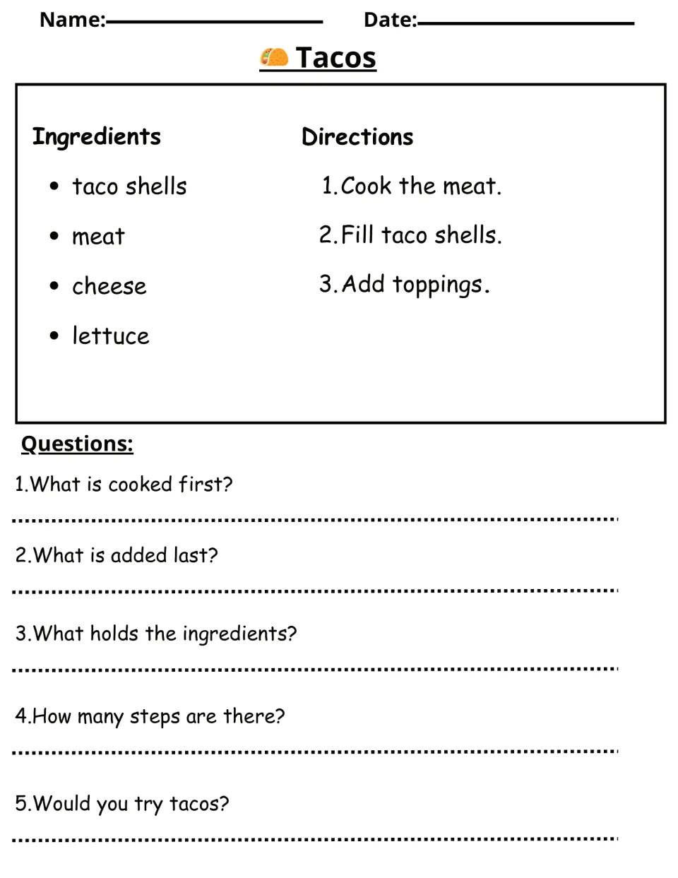 Tacos recipe reading exercise with taco shells, meat, cheese, lettuce, three steps, and five questions