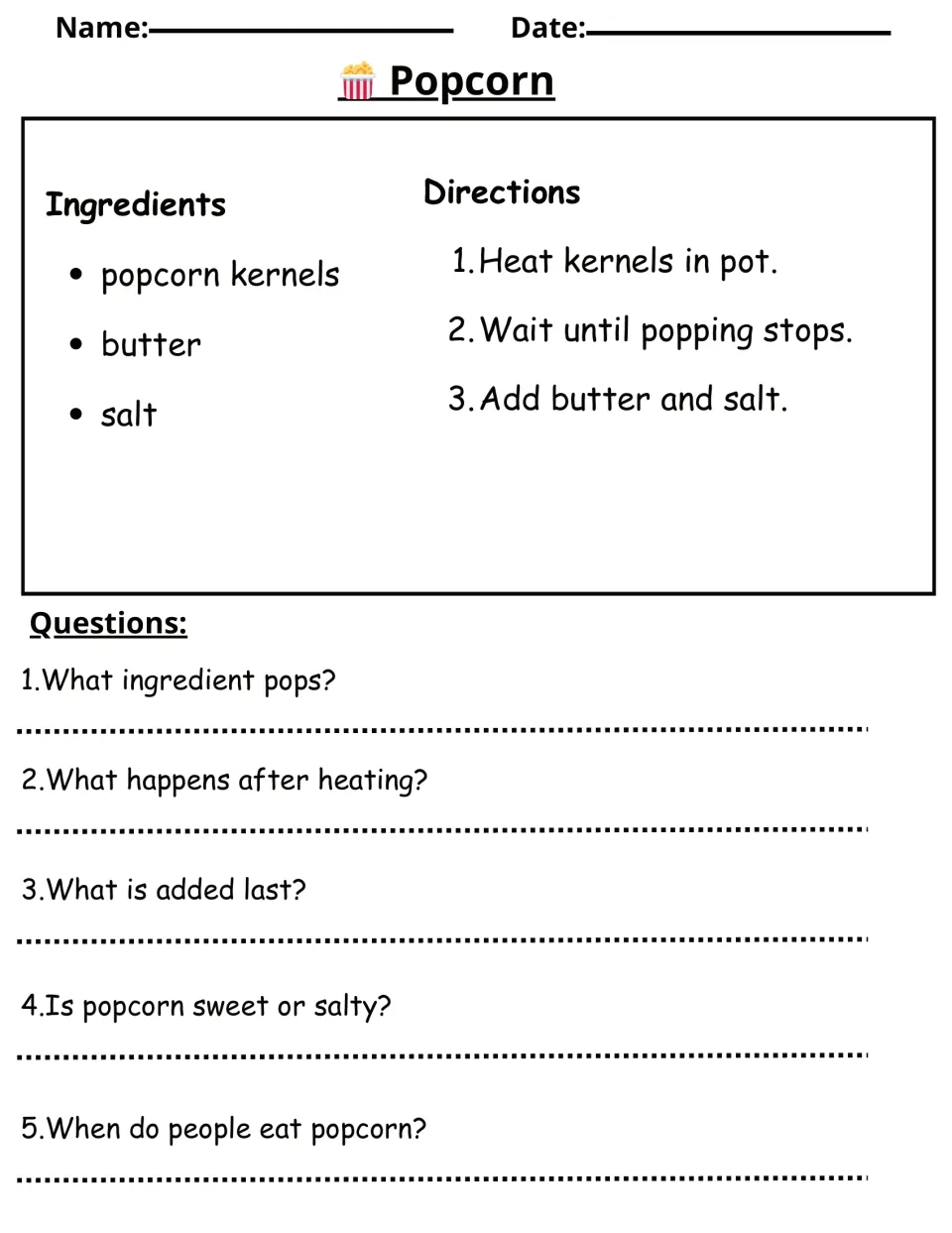 Popcorn recipe reading exercise with kernels, butter, salt, three preparation steps, and five questions