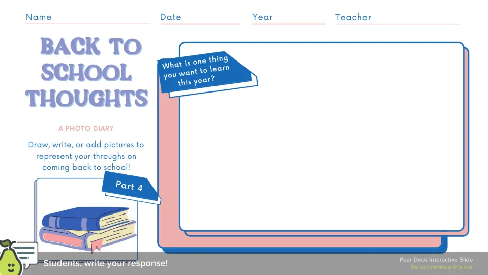 Photo diary part 4 asks, "What is one thing you want to learn this year?" Students record a learning wish.