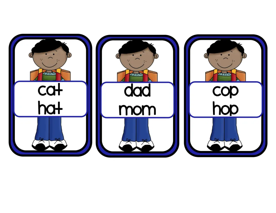 Rhyme sort cards: a boy with a backpack holds the word pairs cat/hat, dad/mom and cop/hop to judge as rhyming or not