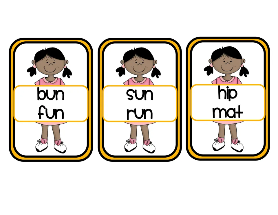 Rhyme sort cards: a girl in a pink dress holds the word pairs bun/fun, sun/run and hip/mat for sorting by rhyme