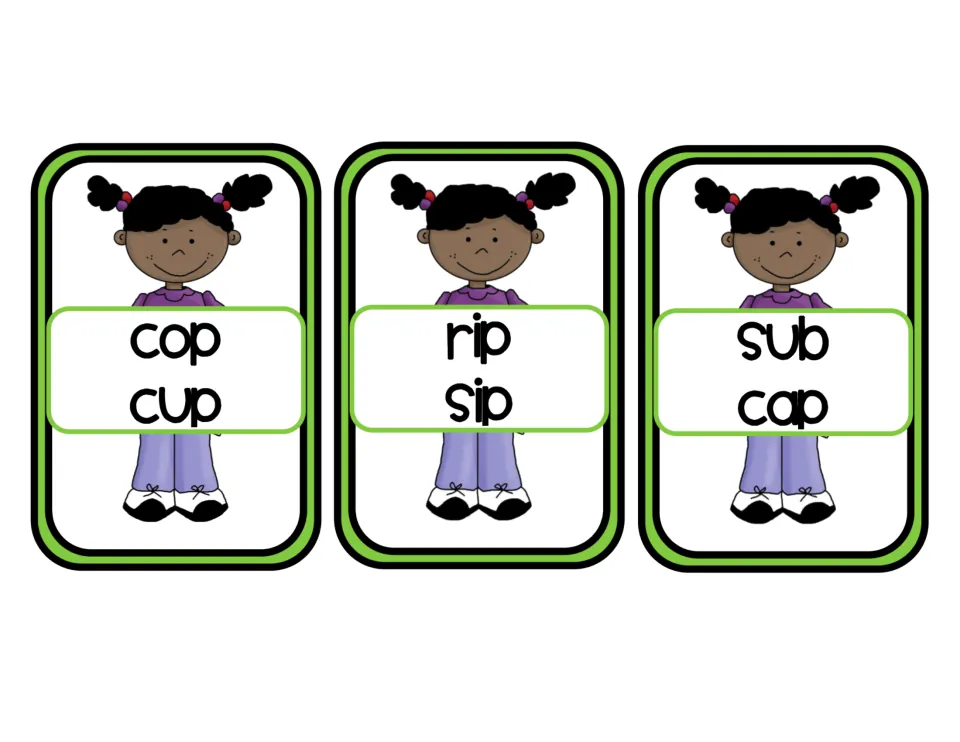 Rhyme sort cards: a girl in purple holds the word pairs cop/cup, rip/sip and sub/cap to sort as rhyming or not