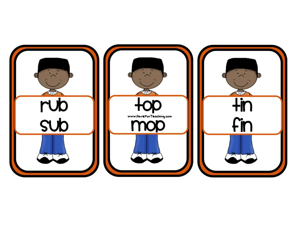 Rhyme sort cards: a boy in an orange shirt holds the word pairs rub/sub, top/mop and tin/fin, all rhyming CVC words