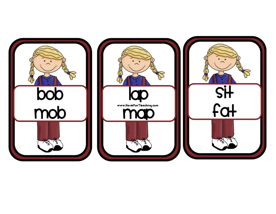 Rhyme sort cards: a girl with blond braids holds the word pairs bob/mob, lap/map and sit/fat to sort by rhyme