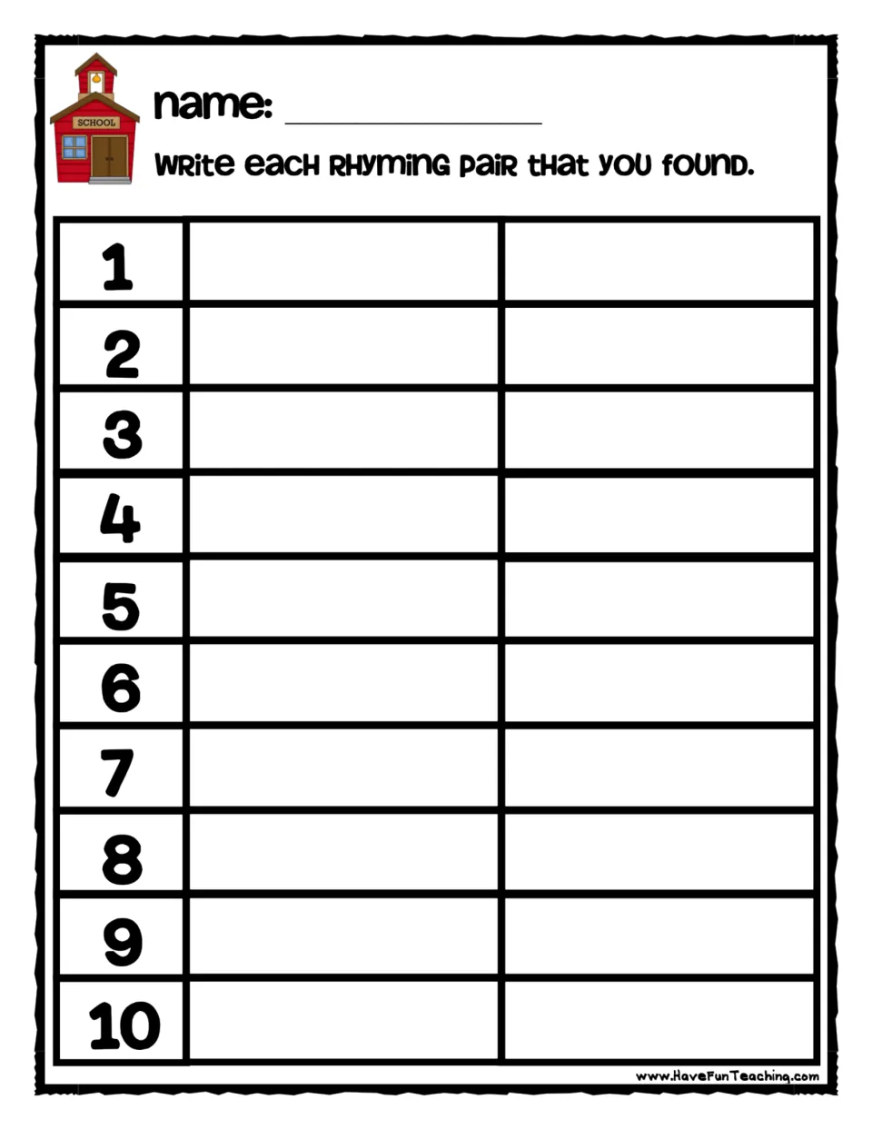 Rhyming pair recording sheet: students write each rhyming pair they found in 10 numbered rows, one word per side