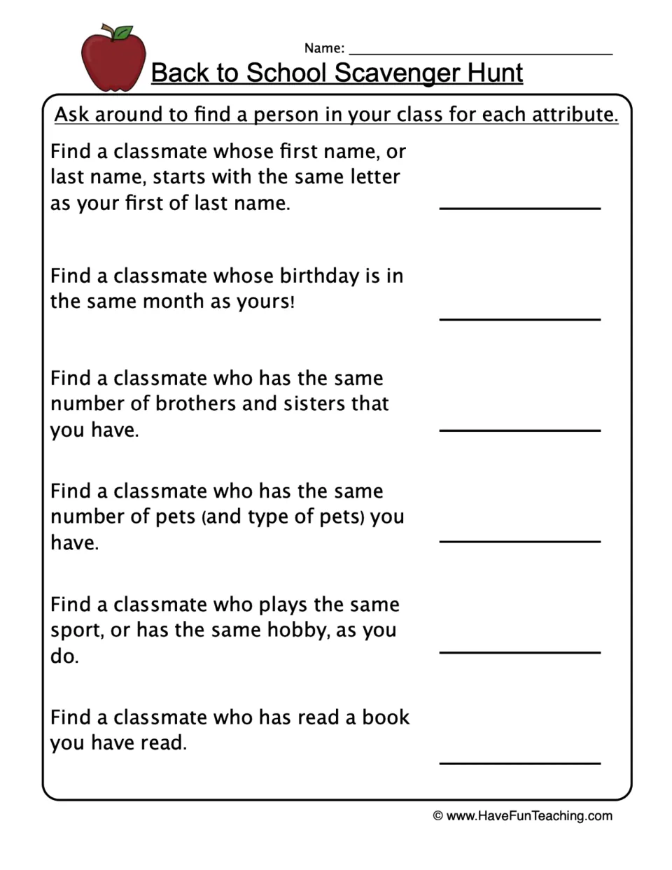 Classmate scavenger hunt: students find peers who share a birthday month, initial, sibling count, pets, hobby or book