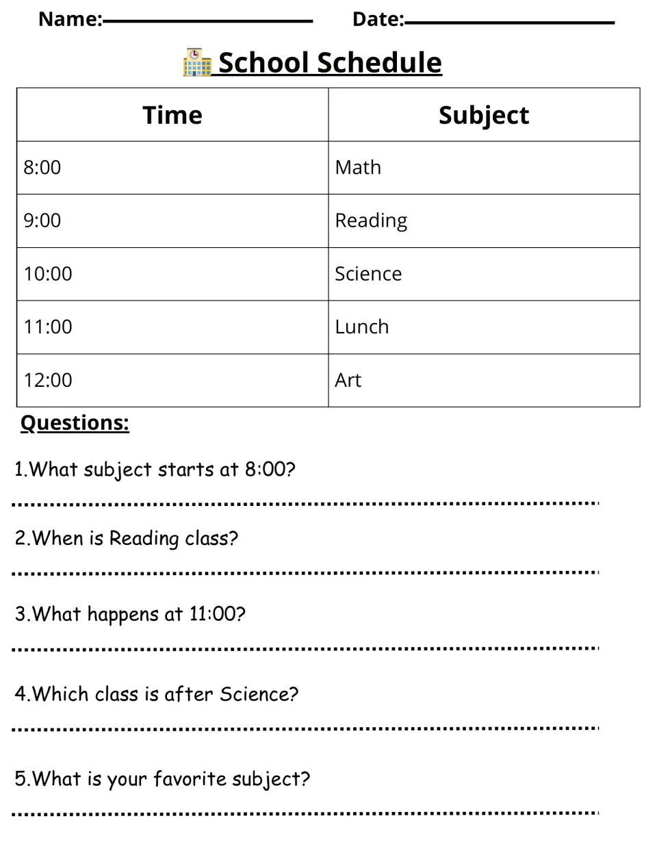 School schedule activity lists Math at 8:00 through Art at 12:00, followed by five comprehension questions