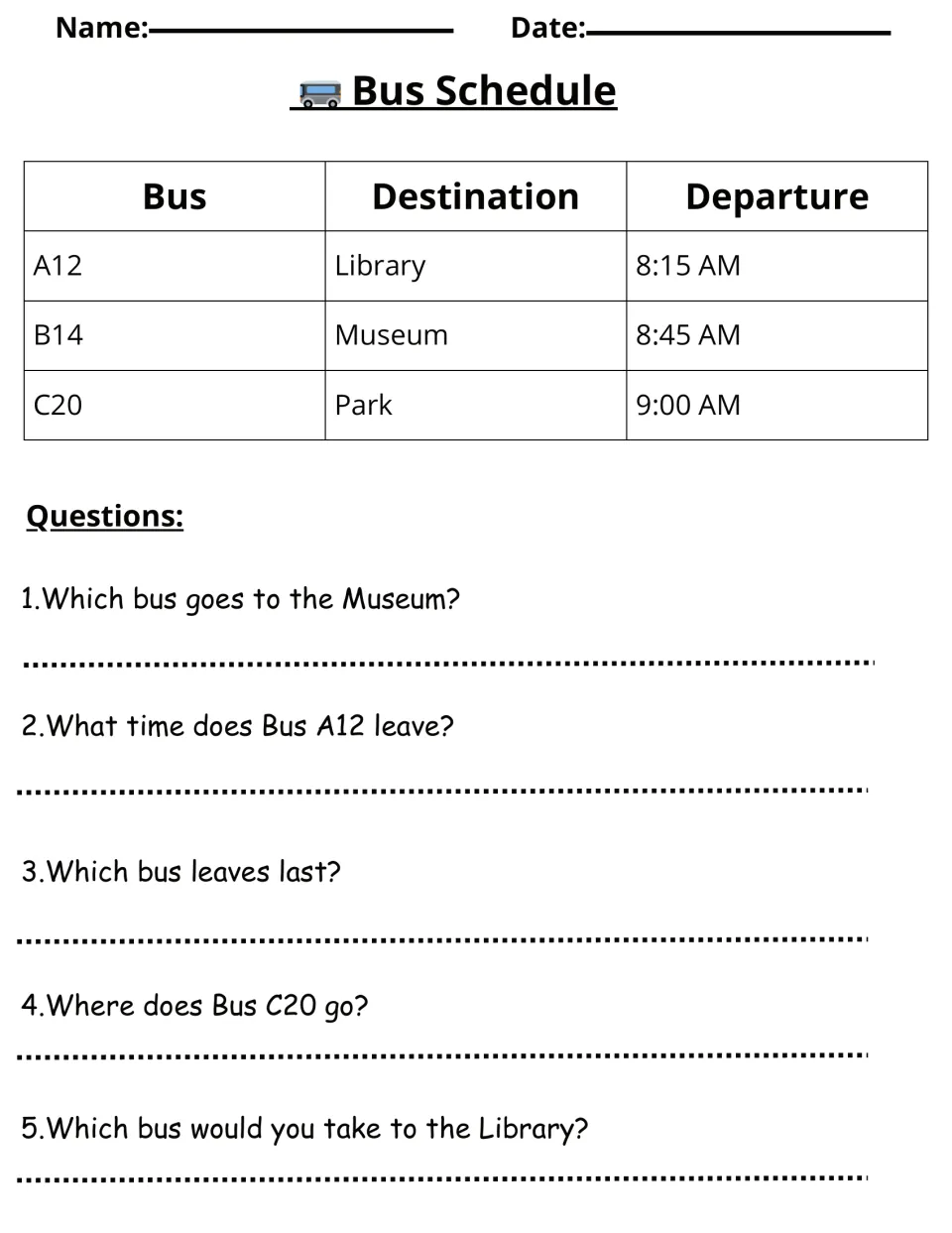 Bus schedule activity lists A12 to the Library, B14 to the Museum and C20 to the Park, with five questions