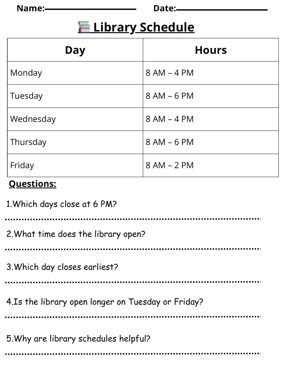 Library schedule activity lists weekday hours opening at 8 AM, with five questions comparing library hours