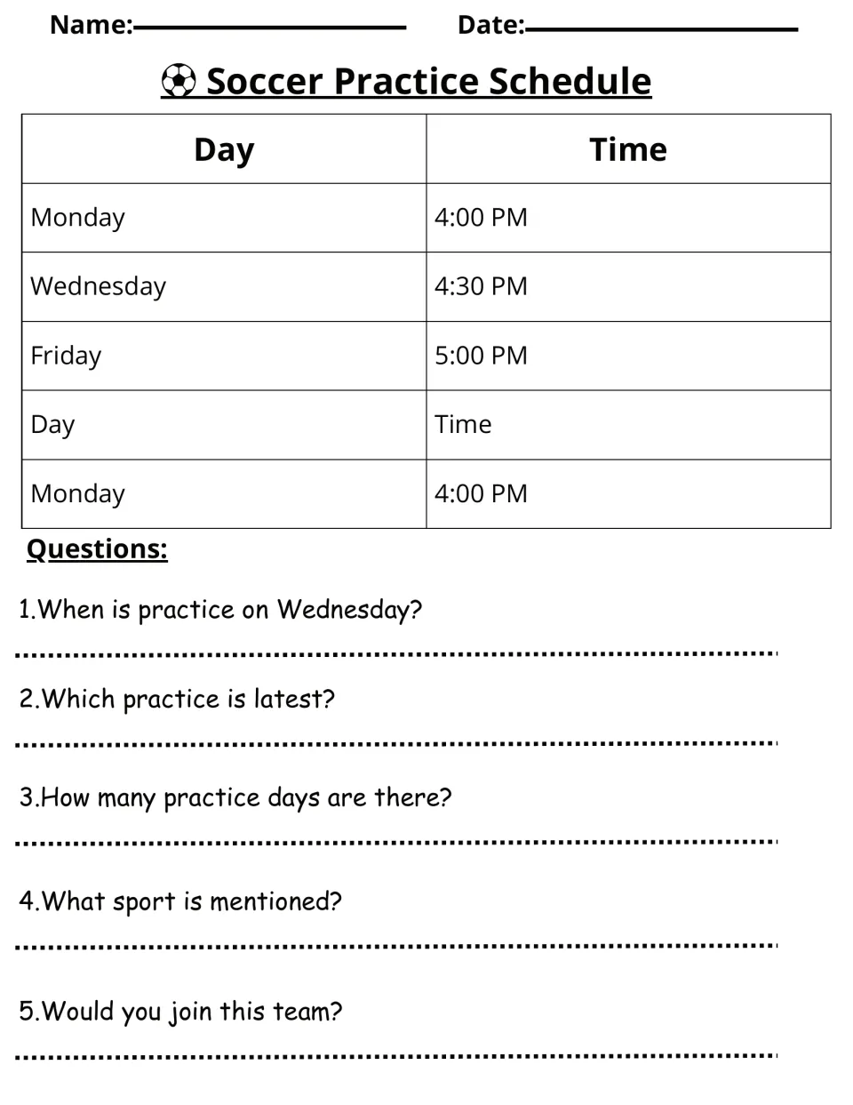 Soccer practice schedule activity lists Monday at 4:00 PM, Wednesday at 4:30 PM and Friday at 5:00 PM