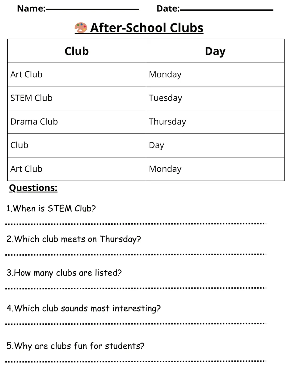 After-school clubs activity lists Art Club on Monday, STEM Club on Tuesday and Drama Club on Thursday