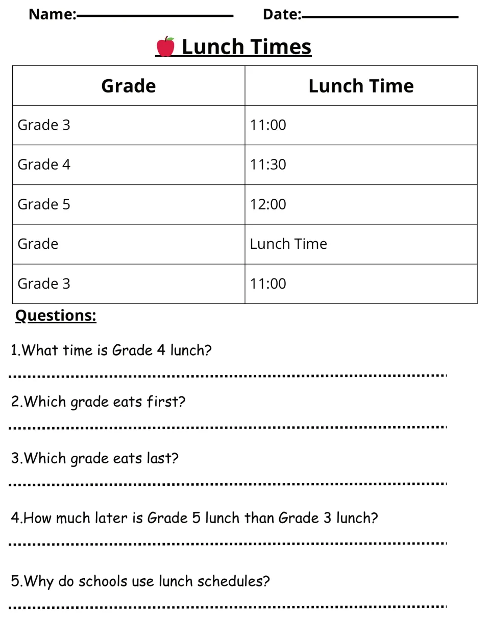 Lunch schedule activity gives Grade 3 lunch at 11:00, Grade 4 at 11:30 and Grade 5 at 12:00, with questions