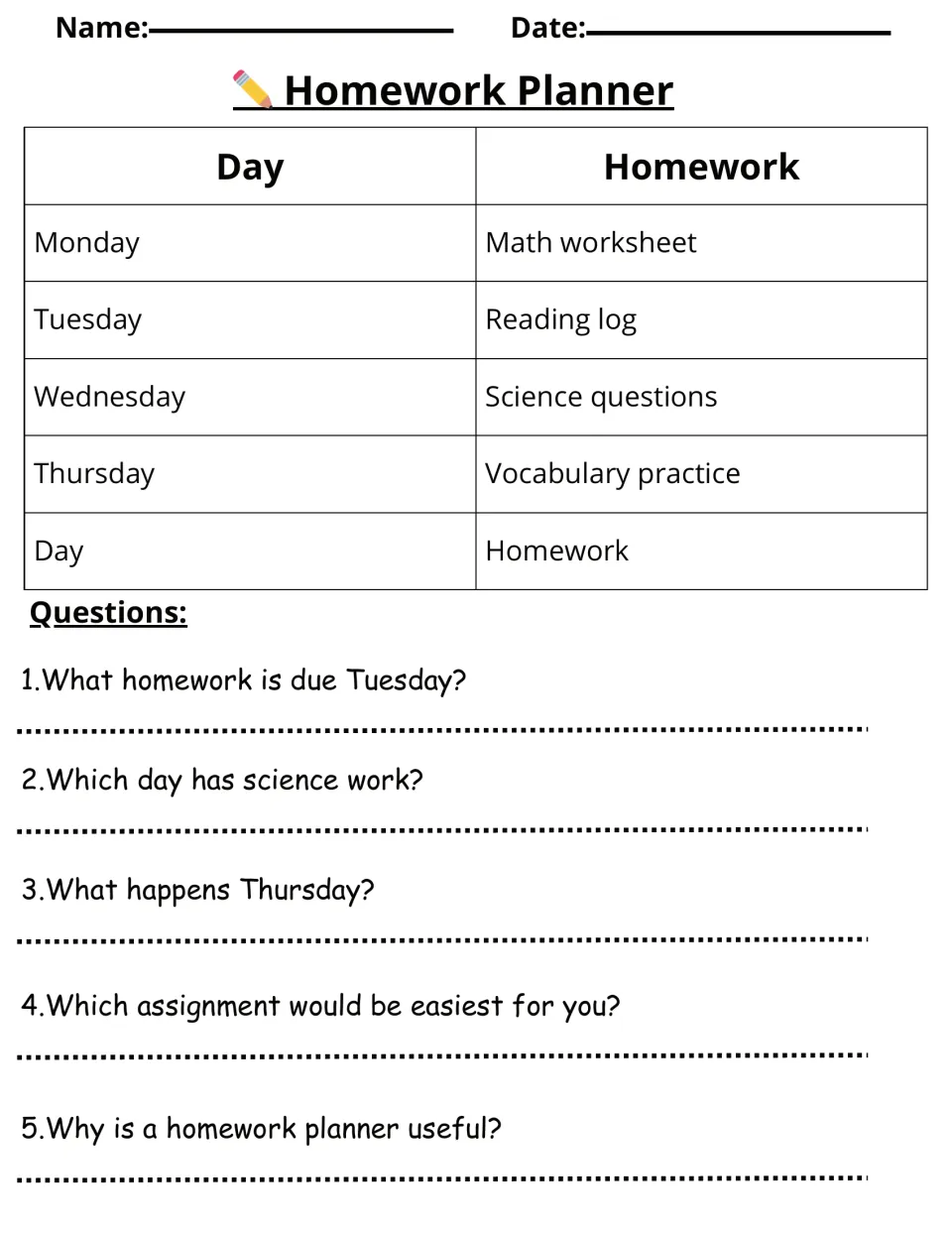 Homework planner activity lists math, reading, science and vocabulary work Monday–Thursday, with questions