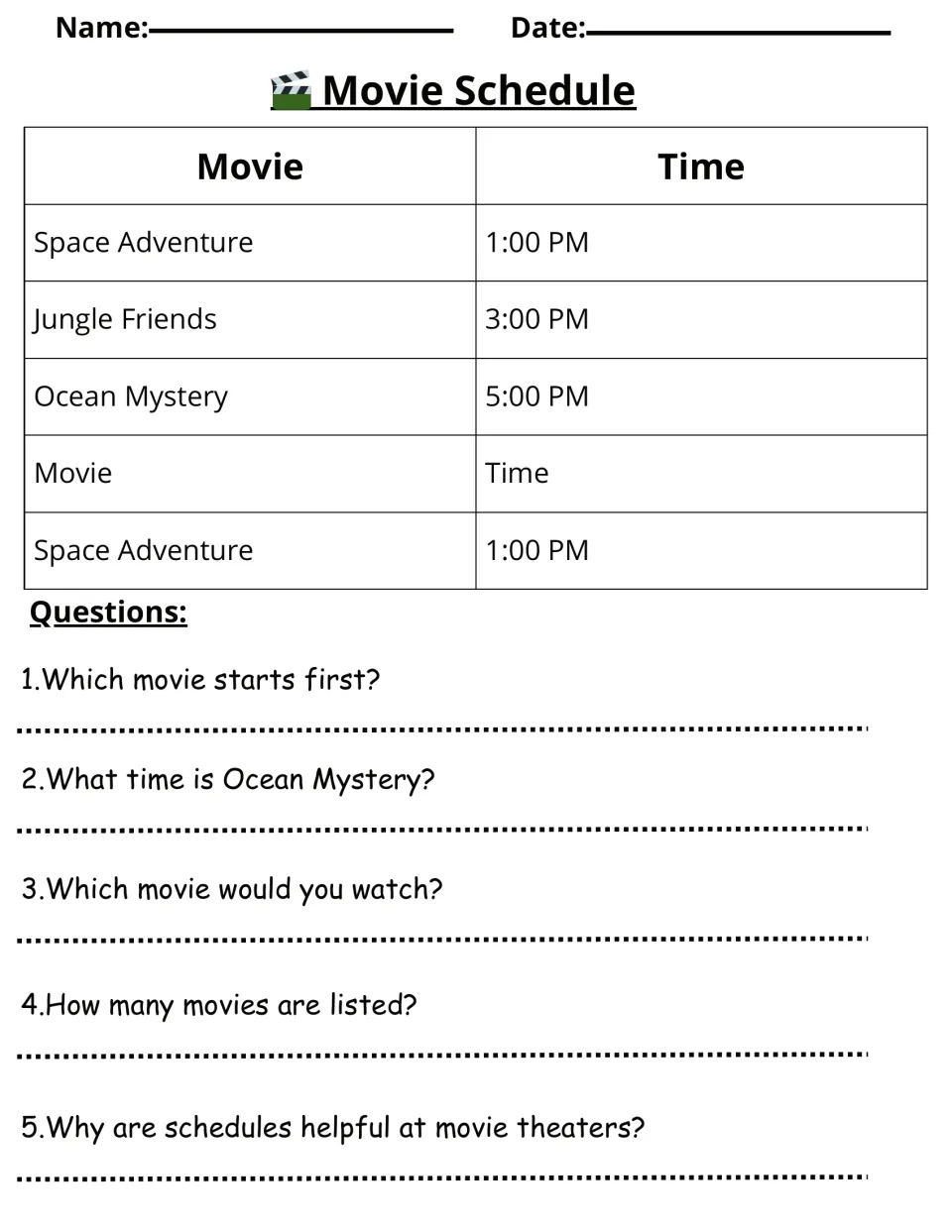 Movie schedule activity lists Space Adventure at 1 PM, Jungle Friends at 3 PM and Ocean Mystery at 5 PM