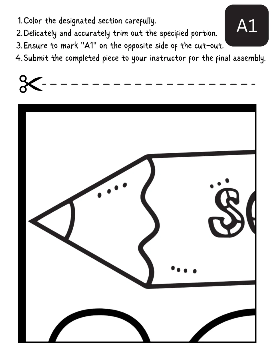 Back-to-school poster piece A1: students color a pencil tip with a dotted letter S, cut it out and write A1 on the back