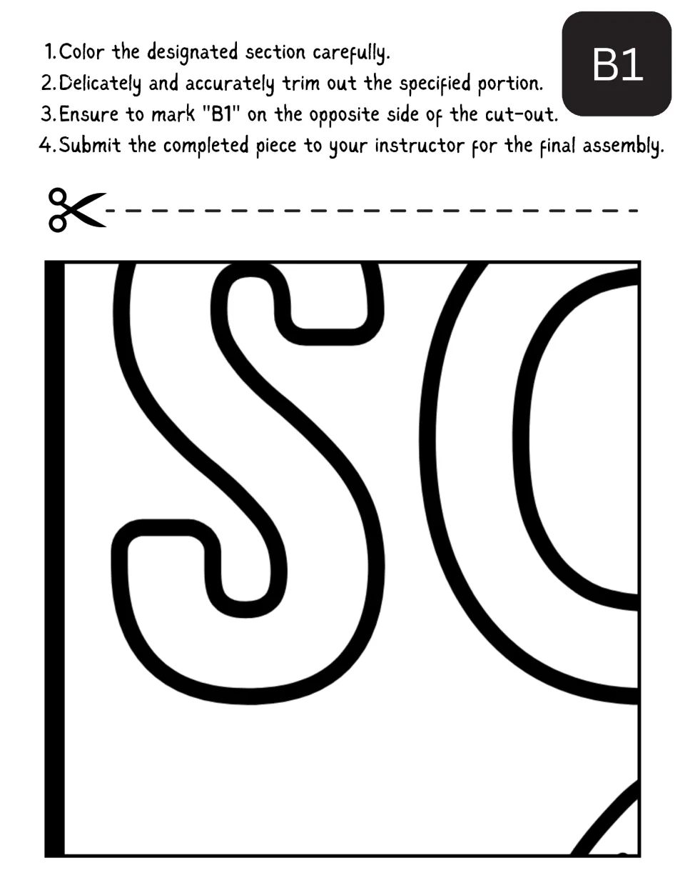 Cut-out piece B1 of the group poster: students color bubble letters S and part of C, then trim it and label it B1