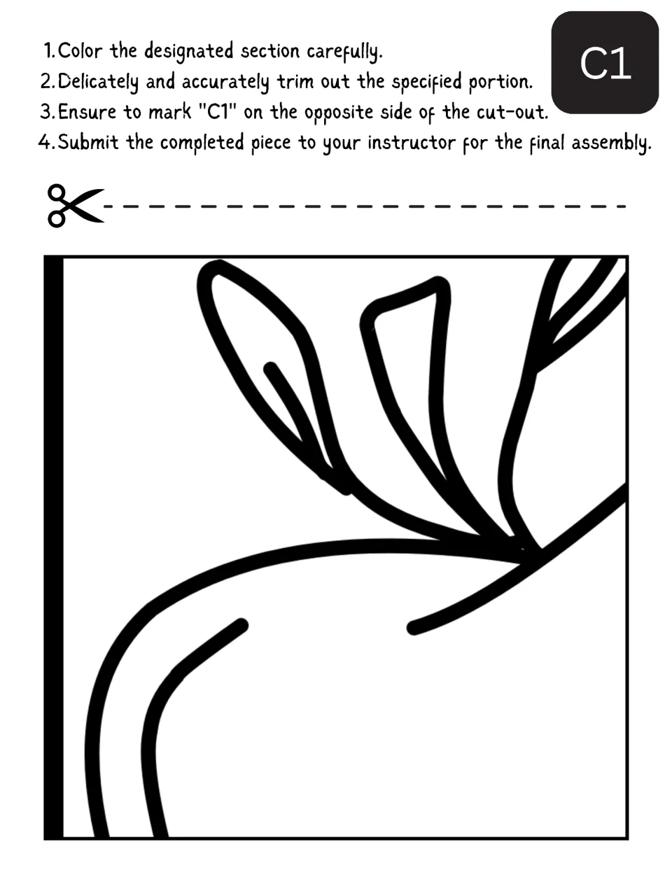 Cut-out piece C1: students color the top of an apple with its stem leaves, cut along the edge and mark C1 on the back