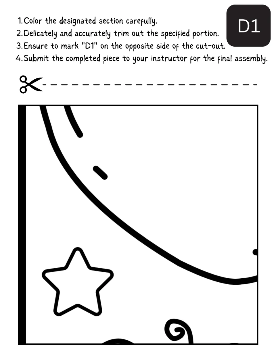 Cut-out piece D1: students color a curved shape with a star and a swirl, then cut it out and mark D1 before handing it in