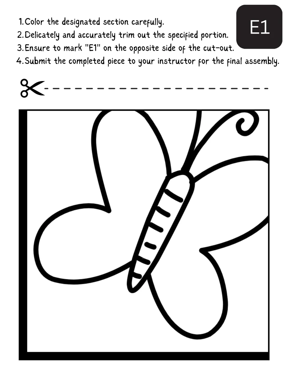 Cut-out piece E1: students color a butterfly with a striped body and curled antennae, then trim it and label it E1