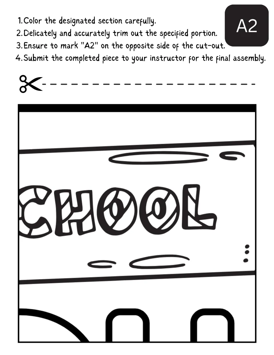 Cut-out piece A2: students color the patterned letters CHOOL on the pencil, then cut it out and write A2 on the back