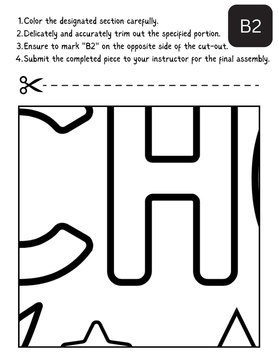 Cut-out piece B2: students color bubble letters C and H with star points below, then trim and mark B2 on the reverse