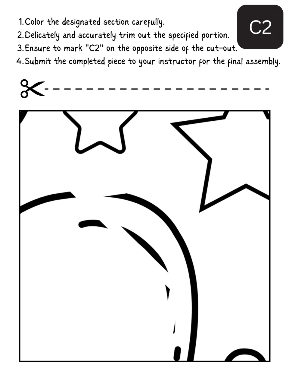 Cut-out piece C2: students color two star outlines above a rounded dashed shape, then cut it out and label it C2