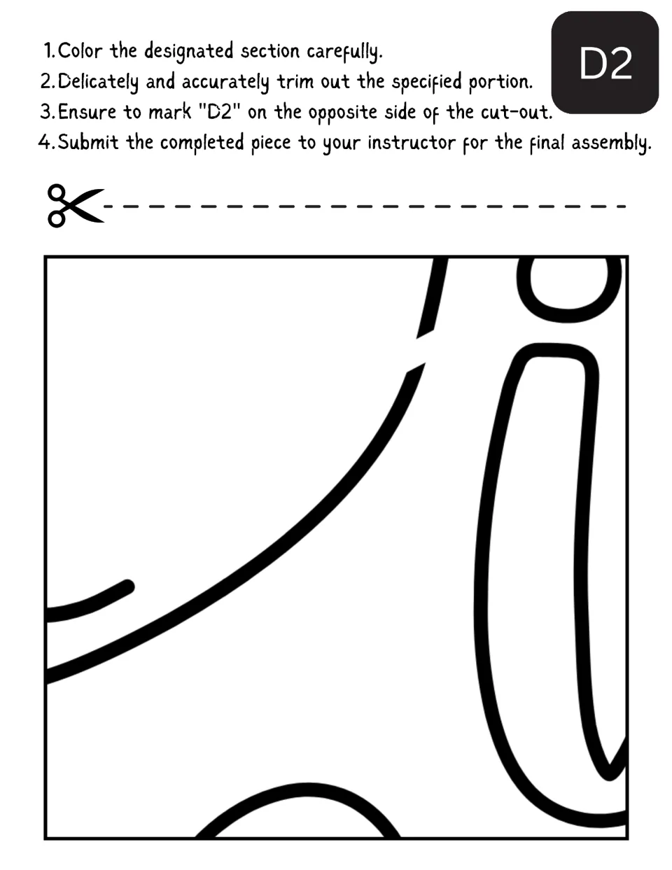 Cut-out piece D2: students color a curved shape beside a tall outlined letter i, then trim it and write D2 on the back