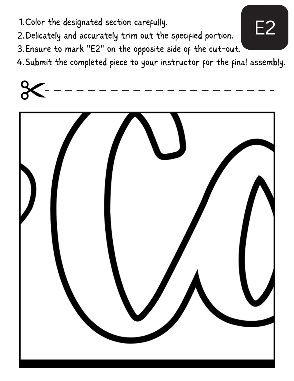 Cut-out piece E2: students color the cursive outlined letters Co, then cut it out and mark E2 on the back for assembly