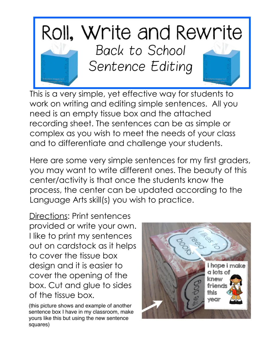 Roll, Write and Rewrite sentence editing title page: directions to glue sentence squares onto a tissue box cube