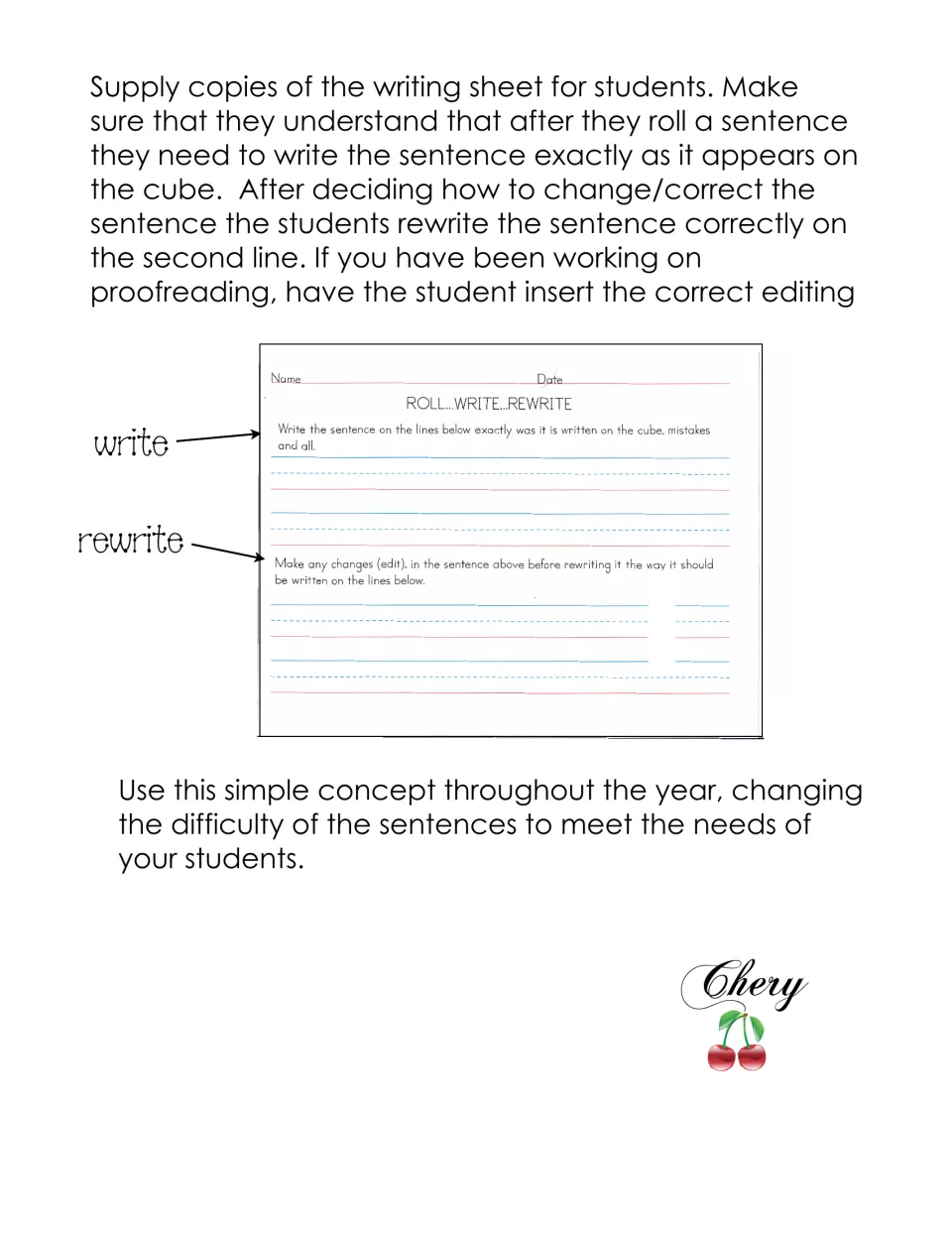 Teacher directions for sentence editing: students copy the rolled sentence as written, then rewrite it corrected