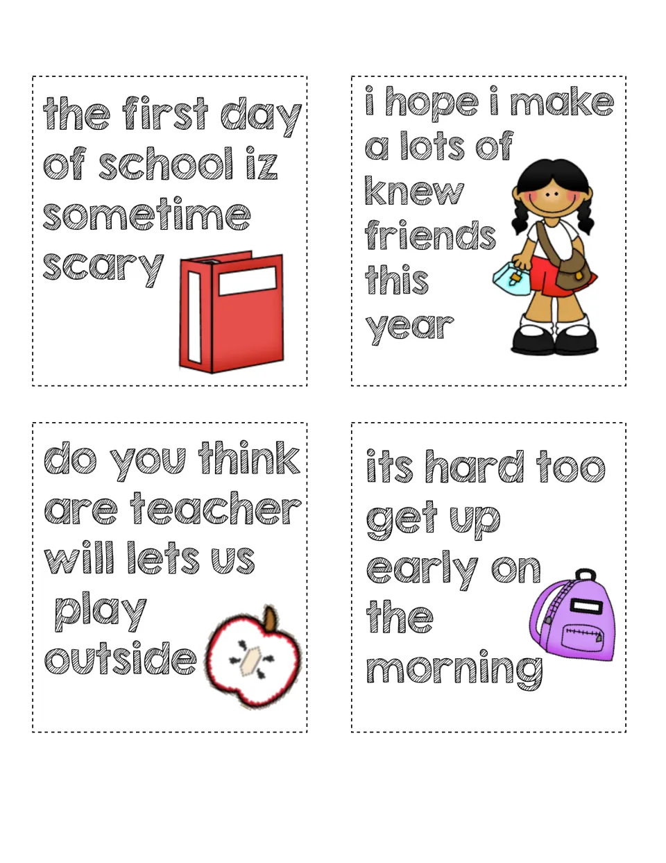 Sentence cards to edit for errors, such as 'the first day of school iz sometime scary' and 'its hard too get up'