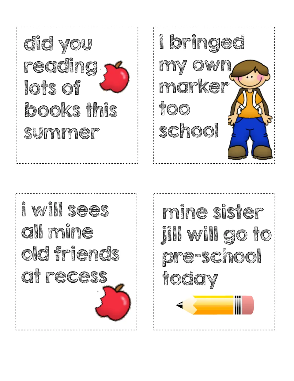 Sentence editing cards with verb and pronoun errors, such as 'i bringed my own marker too school' and 'mine sister jill'