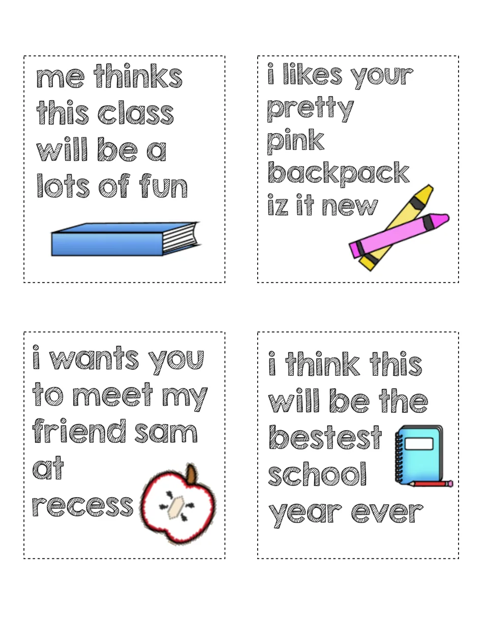 Sentence cards to fix, including 'me thinks this class', 'i likes your pretty pink backpack' and 'bestest school year'