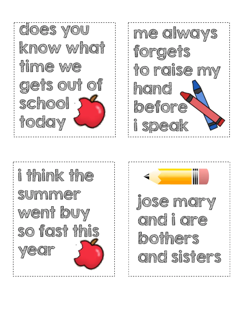 Sentence editing cards with homophone and verb errors, such as 'the summer went buy so fast' and 'me always forgets'