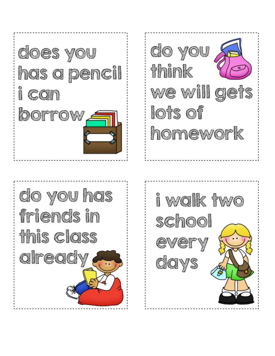 Sentence editing cards to correct, including 'does you has a pencil i can borrow' and 'i walk two school every days'