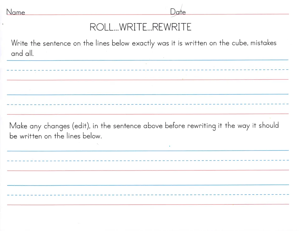 Roll...Write...Rewrite recording sheet: students copy the rolled sentence with its mistakes, then edit and rewrite it